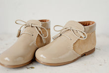 Beautiful smart-casual style lace-up ankle boots with a lovely tassel detail. Made with an adorable combination of Beige Patent Leather and Suede of the highest quality. Olivia Ann Shoes.