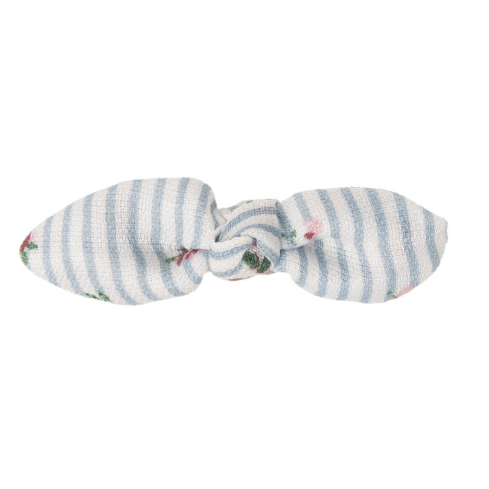 Beautiful hair bow in a delicate floral cotton stripes fabric, a unique handmade piece! Approximately 6 x 1.5 cm and secured to 4 cm snap hair clip.
