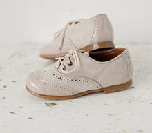 Beautiful smart-casual style lace-up brogue shoes. Made with an adorable combination of Cream Patent Leather and Grey Suede of the highest quality. Olivia Ann Shoes.