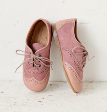 Beautiful smart-casual style lace-up brogue shoes. Made with an adorable combination of Rose leather and Mauve Suede of the highest quality. Olivia Ann Shoes.