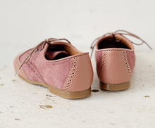 Beautiful smart-casual style lace-up brogue shoes. Made with an adorable combination of Rose leather and Mauve Suede of the highest quality. Olivia Ann Shoes.