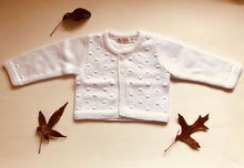Sweet Unisex Bubble knitted cardigan with wooden buttons in white. I must have basic.