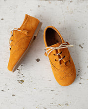 Beautiful smart-casual style lace-up brogue shoes. Made with an adorable mustard colour suede with contrast cream laces and a lovely tassel detail. Olivia Ann Shoes.