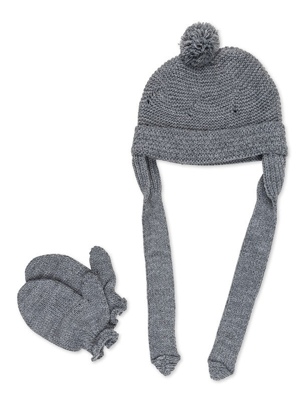 Dark Grey Pom Pom Beanie and Mitten Set