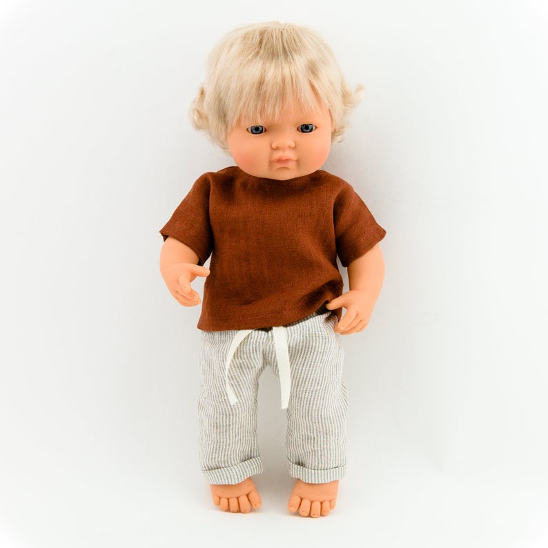 Make your little girls day with this divine doll's outfit today. Our dolls clothing is super adorable and of amazing quality, will absolutely melt your heart. Gorgeous handmade linen top and  pants set beautiful quality and fabric is divine, so well made! Miniland doll outfit clothes. Paola Reina. Olivia Ann kids