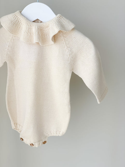 Baby Knitted Romper with Frill Collar - Beige