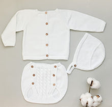 Baby Knitted Cable Jumper, Bloomers and Bonnet Set - White