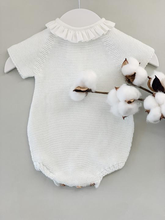 Baby Knitted Romper with Fabric Frill Collar - White