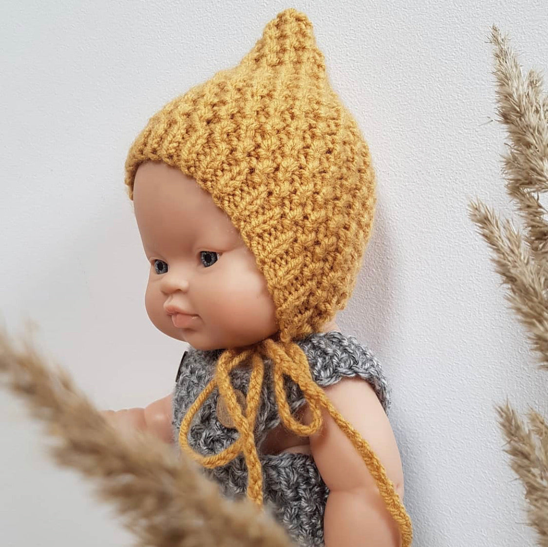 Doll Knitted Pixie BONNET Mustard - Large ( Fits 34-40 cm dolls / 13-15 inch)