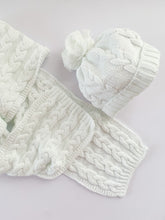 Knitted Set of Cable Scarf and Beanie with Pompom - White