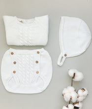 Baby Knitted Cable Jumper, Bloomers and Bonnet Set - White