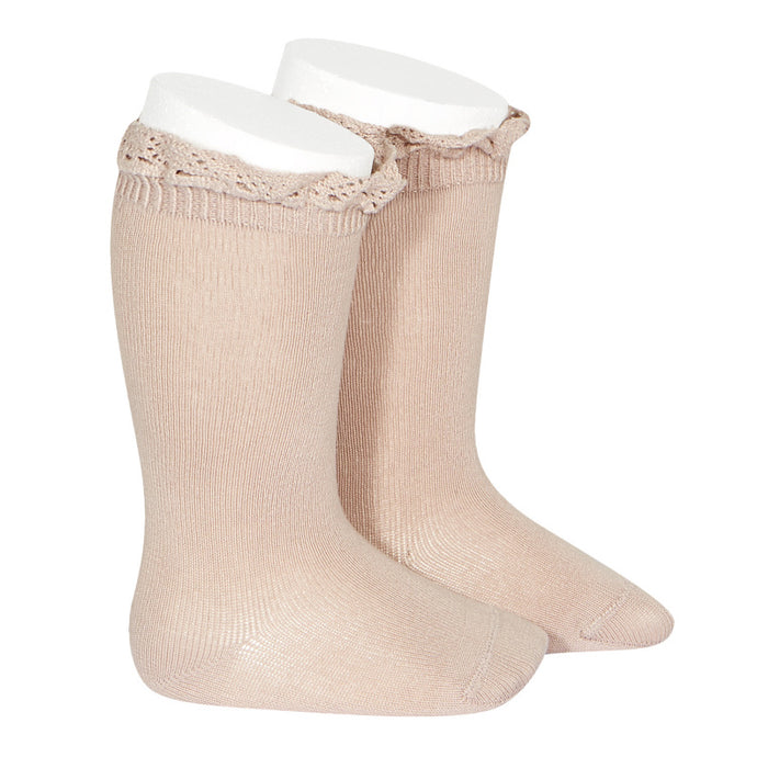 Knee High Socks with Lace Edging Cuff - Old Rose