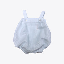 Adorable unisex romper in a sea blue colour with white stripes.