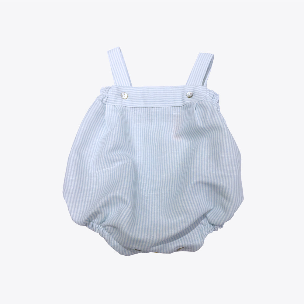Adorable unisex romper in a sea blue colour with white stripes.
