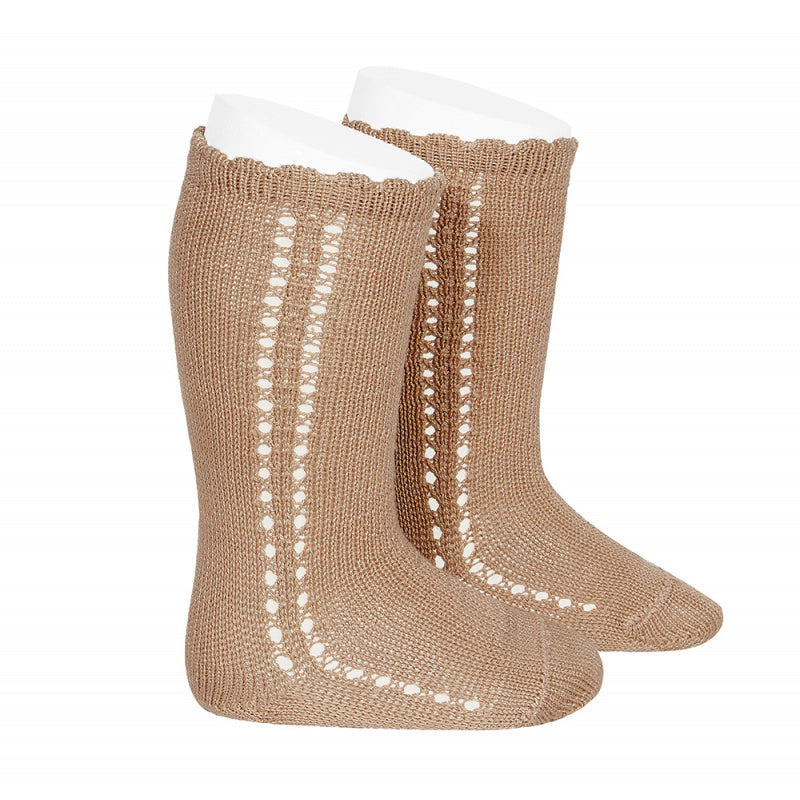 Cotton Side Openwork Knee High Socks - Camel
