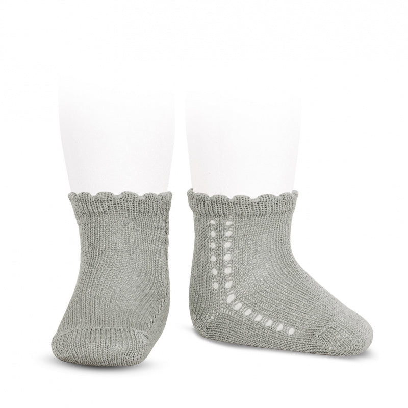 Perle cotton side openwork short socks in Grey colour. condor short socks