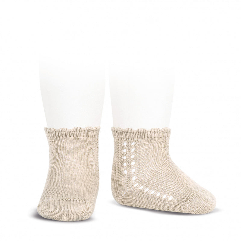 Perle cotton side openwork short socks in Linen colour. short socks. knitted