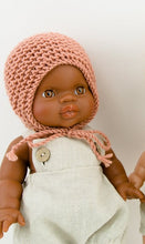 This cosy bonnet is hand knitted in Europe, specially designed for the 34 cm dolls, but can fit dolls around 32 - 38 cm (12 - 15 inch) Miniland, Minikane, Paola Reina Gordis and similar.