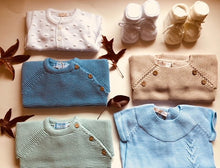 Sweet Unisex Bubble knitted cardigan with wooden buttons in white. I must have basic.