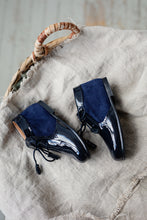 Beautiful smart-casual style lace-up ankle boots with a lovely tassel detail. Made with an adorable combination of Navy Patent Leather and Suede of the highest quality. Olivia Ann Shoes.