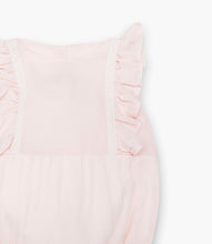 Adorable Baby Romper with a delicate blush pink gauze, cute ruffles and cotton lace details. Vintage inspired.
