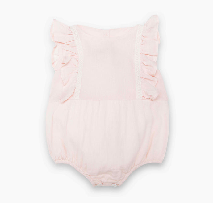 Adorable Baby Romper with a delicate blush pink gauze, cute ruffles and cotton lace details. Vintage inspired. Lined with cotton.