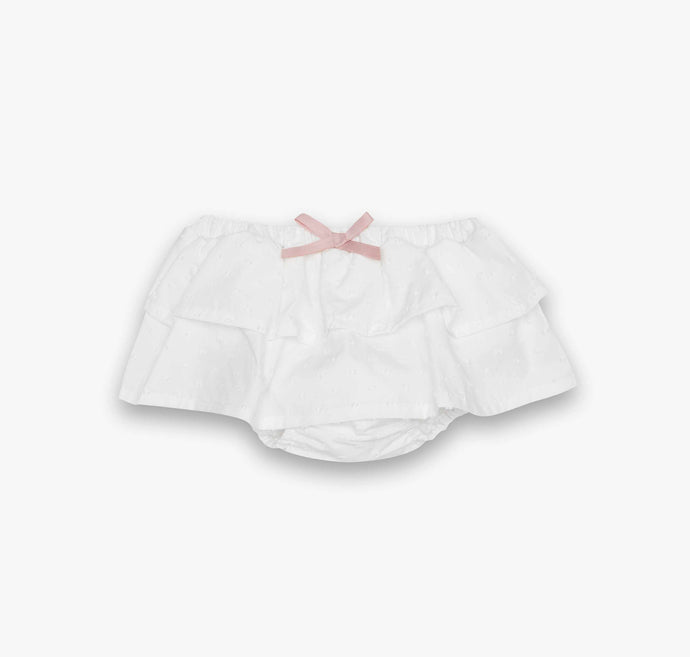 The sweetest  bloomers with double ruffle and a pink bow detail in a delicate Ecru colour fabric. Fully lined. 