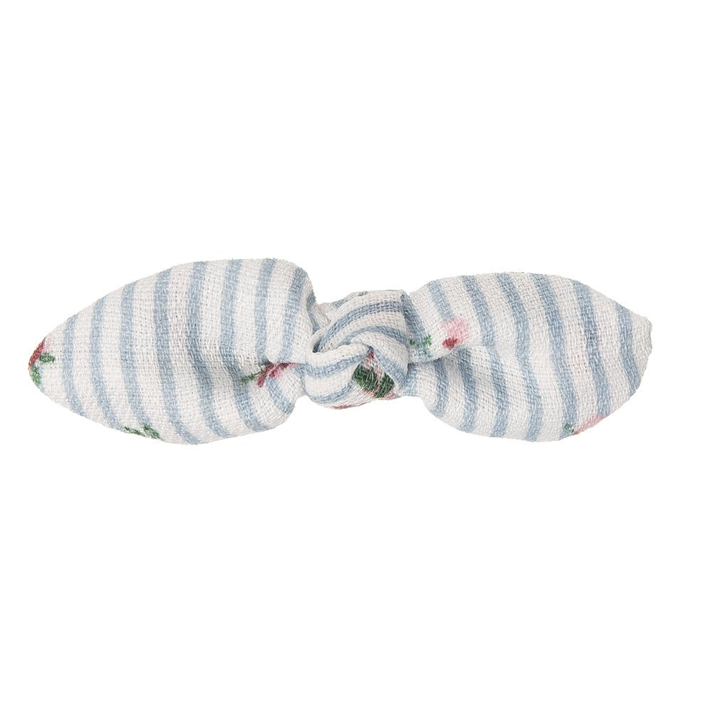 Beautiful hair bow in a delicate floral cotton stripes fabric, a unique handmade piece! Approximately 6 x 1.5 cm and secured to 4 cm snap hair clip. 