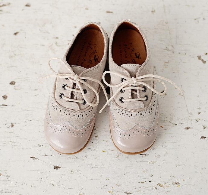 Beautiful smart-casual style lace-up brogue shoes. Made with an adorable combination of Cream Patent Leather and Grey Suede of the highest quality. Olivia Ann Shoes.
