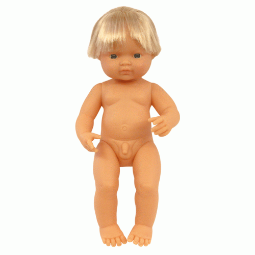 Stunning Miniland Doll - Caucasian Baby Boy , 38 cm (UNDRESSED)These anatomically correct dolls are vanilla scented to smell like a newly born baby. They have superbly designed facial features, stitched-on hair, and articulated arms, legs and neck / head.