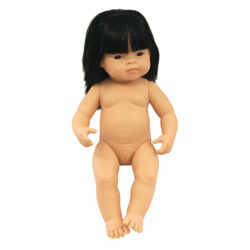Stunning Miniland Doll - Asian Baby Girl , 38 cm (UNDRESSED)These anatomically correct dolls are vanilla scented to smell like a newly born baby. They have superbly designed facial features, stitched-on hair, and articulated arms, legs and neck / head.