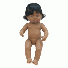Stunning Miniland Doll - Latin American Baby Girl , 38 cm (UNDRESSED)These anatomically correct dolls are vanilla scented to smell like a newly born baby. They have superbly designed facial features, stitched-on hair, and articulated arms, legs and neck / head.