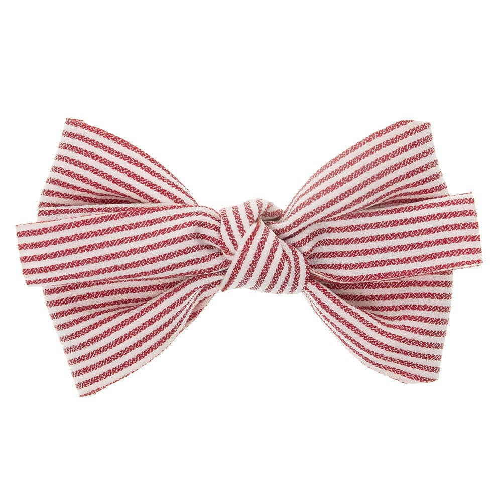 Beautiful hair bow in a delicate red cotton stripes pattern, a unique handmade piece! Approximately 11.5 x 9 cm long and secured to 5.5 cm snap hair clip. 