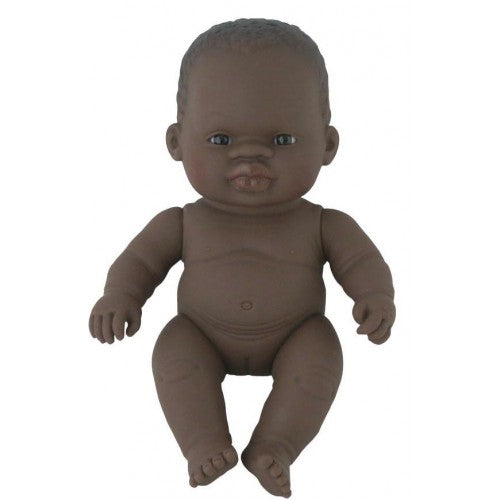 Stunning Miniland Doll - African Baby Girl , 21 cm (UNDRESSED)These anatomically correct dolls are vanilla scented to smell like a newly born baby. They have superbly designed facial features, stitched-on hair, and articulated arms, legs and neck / head.