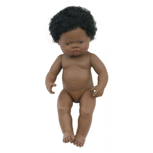 Stunning Miniland Doll - African Baby Girl , 38 cm (UNDRESSED)These anatomically correct dolls are vanilla scented to smell like a newly born baby. They have superbly designed facial features, stitched-on hair, and articulated arms, legs and neck / head.