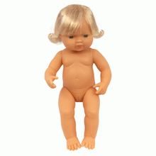 Stunning Miniland Doll - Caucasian Baby Girl , 38 cm (UNDRESSED)These anatomically correct dolls are vanilla scented to smell like a newly born baby. They have superbly designed facial features, stitched-on hair, and articulated arms, legs and neck / head.