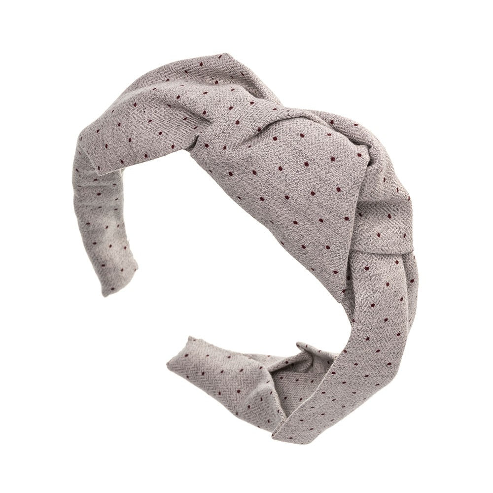 Grey Knotted Hairband - Classic Herringbone Fabric with polka dots