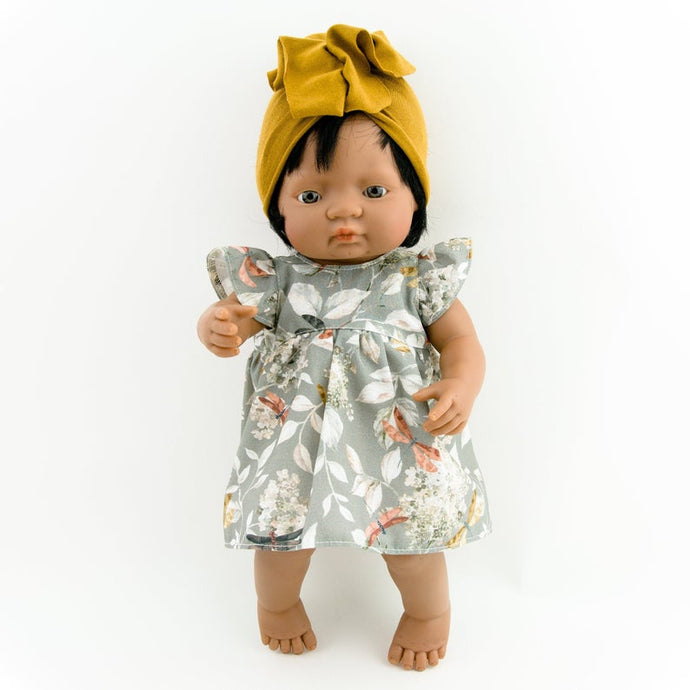 Make your little girls day with this divine autumn floral doll's outfit today. Our dolls clothing is super adorable and of amazing quality, will absolutely melt your heart. Gorgeous handmade turban and dress, beautiful quality and fabric is divine, so well made! Miniland doll dress turban outfit clothes. Paola Reina. Olivia Ann kids