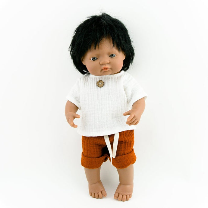 Our dolls clothing is super adorable and of amazing quality, will absolutely melt your heart. Gorgeous handmade muslin white top and rust colour pants set beautiful quality and fabric is divine, so well made! Miniland doll outfit clothes. Paola Reina. Olivia Ann kids