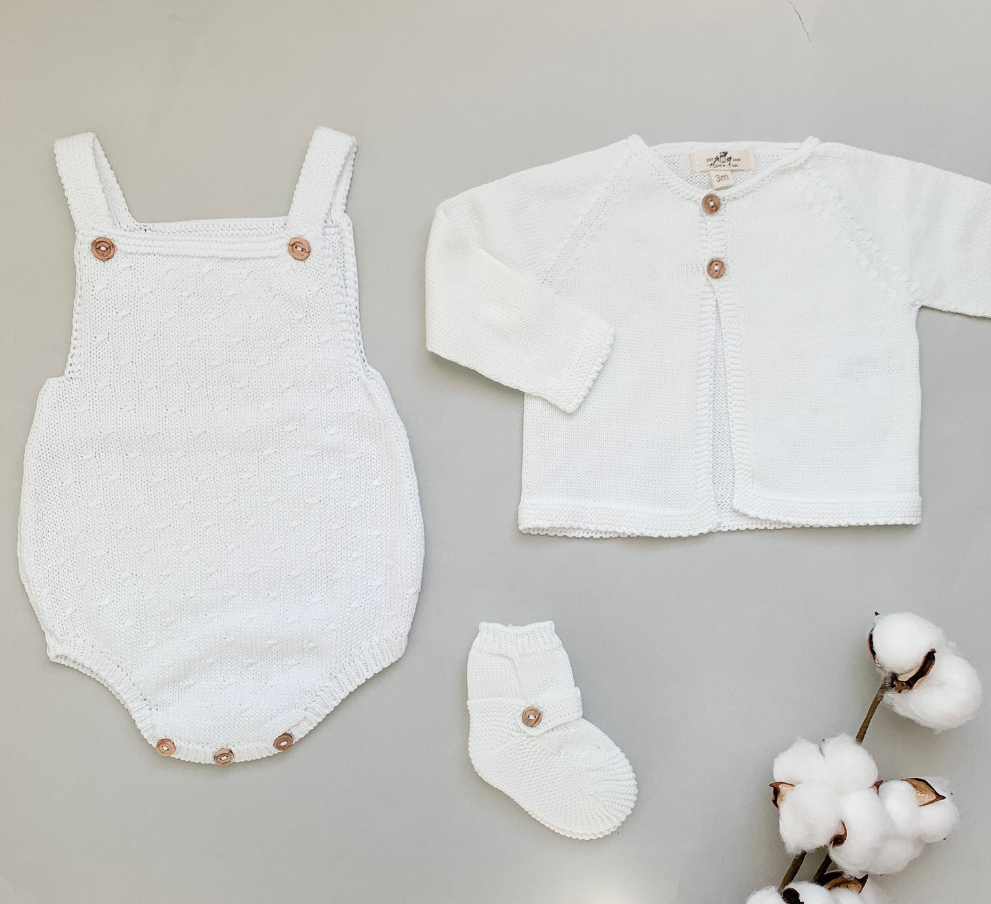 Baby Knitted Pointelle Romper , Cardigan and Booties Set - White