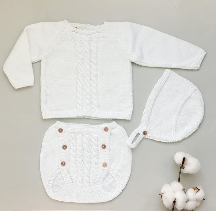 Baby Knitted Cable Jumper, Bloomers and Bonnet Set - White