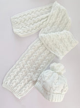 Knitted Set of Cable Scarf and Beanie with Pompom - White