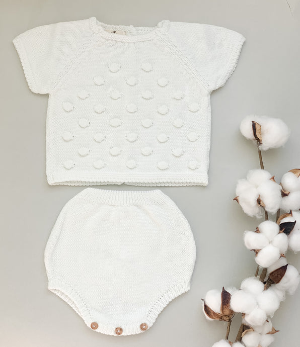 Baby Knitted Pop corn Jumper and Bloomers Set - White
