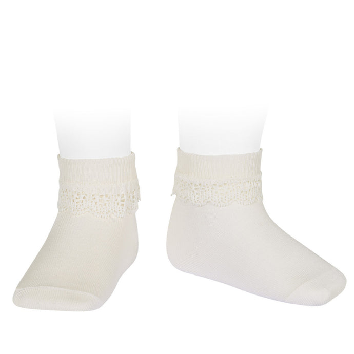 Lace Trim Rib Ankle Socks with Folded Cuff - Cream (202)