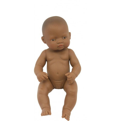 Stunning Miniland Doll - Latino American Baby Girl , 32 cm (UNDRESSED)These anatomically correct dolls are vanilla scented to smell like a newly born baby. They have superbly designed facial features, stitched-on hair, and articulated arms, legs and neck / head.
