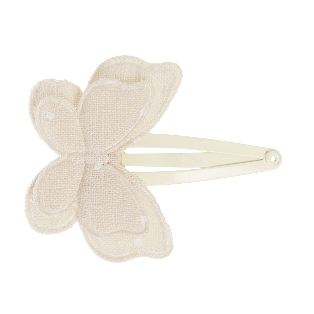 Dainty double butterfly padded clip handmade with a delicate ecru fabric with white polka dots. Dreamy and exquisite hairclip!