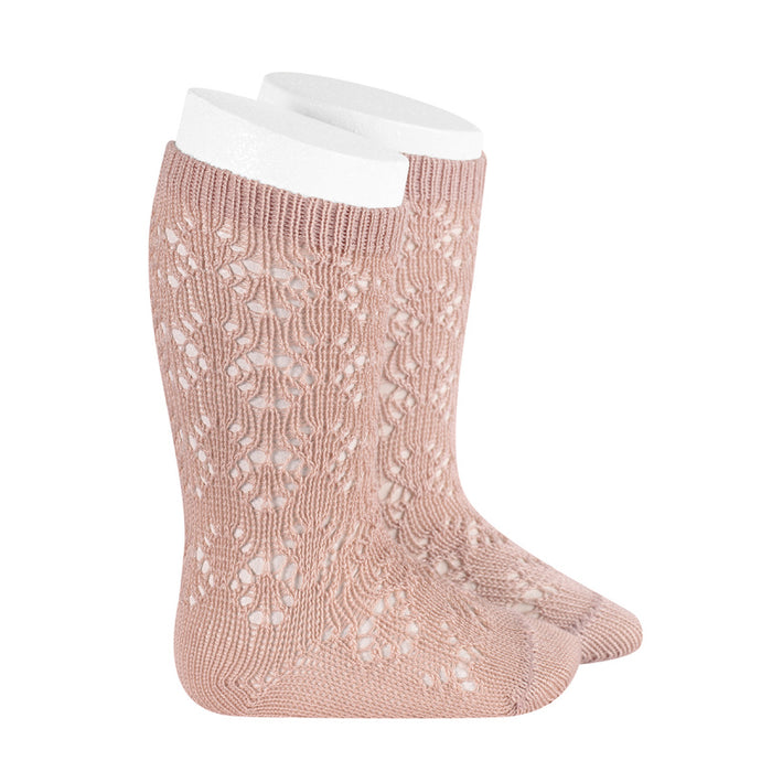 A very special  pair of socks, featuring an exquisite openwork geometric design in a delicate old rose colour.  Very good quality socks. Ideal for Spring and Autumn weather. It will add a beautiful touch to any outfit! Soooo sweet. Condor socks stockings