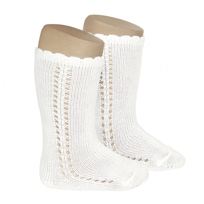 Cotton Side Openwork Knee High Socks - Cream (202)