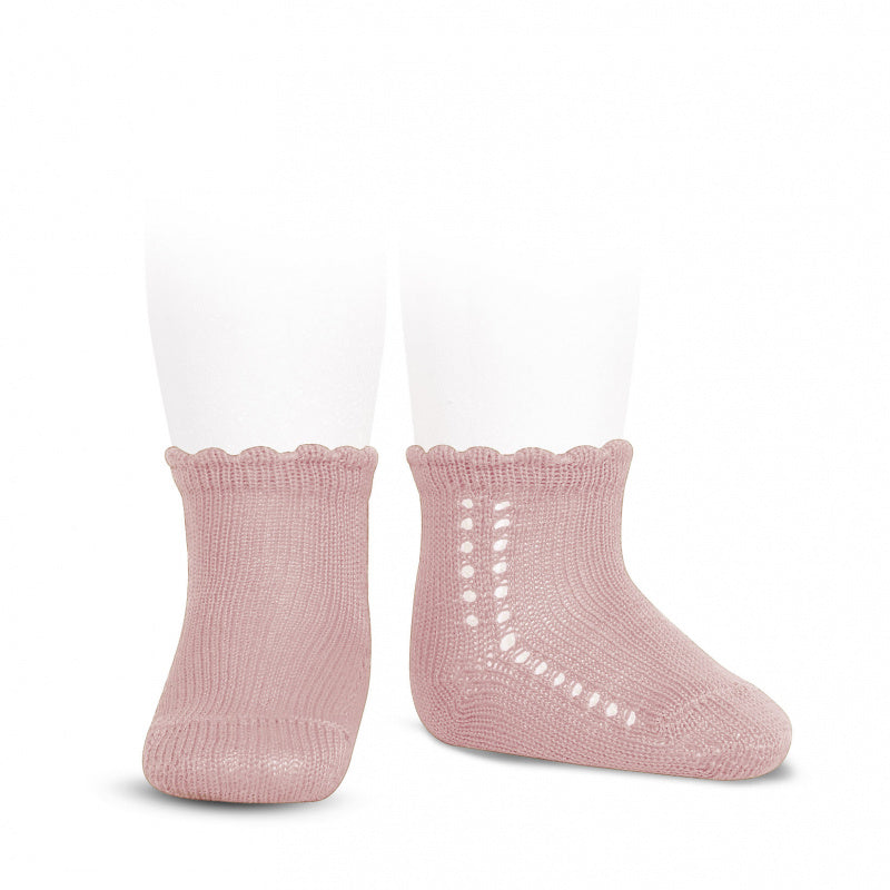 Perle cotton side openwork short socks in a beautiful Vintage Pink colour. They are a must for your little one's wardrobe. rose. pink. blush. short socks condor