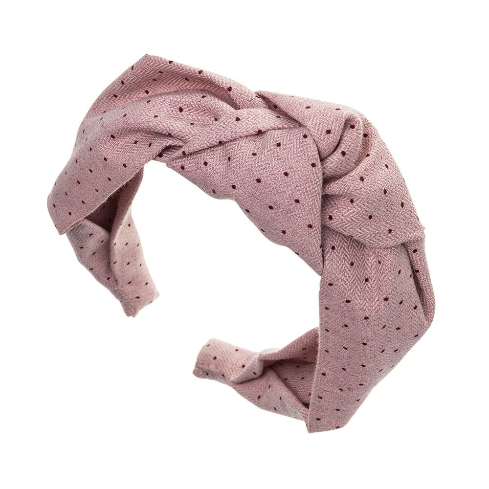 French Pink Knotted Hairband - Classic Herringbone Fabric with polka dots